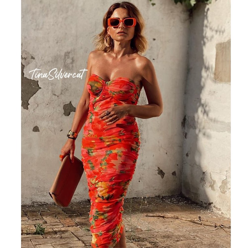 Zara Strapless Tulle Corset Floral Midi Dress Pink Yellow NWT
